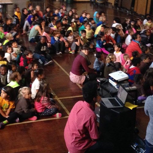First reading to a school assembly